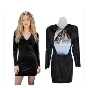 Express Black Velvet V-Neck Long Sleeve Mini Dress with Back Bow
